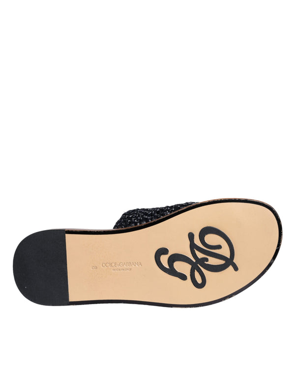 Schwarz Monochrome geflochtene Raffia Slides Schuhe