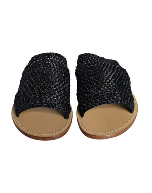Schwarz Monochrome geflochtene Raffia Slides Schuhe