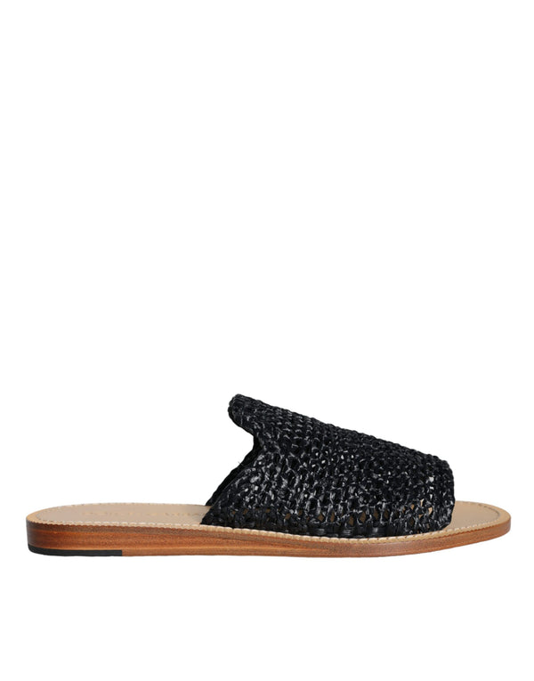Schwarz Monochrome geflochtene Raffia Slides Schuhe
