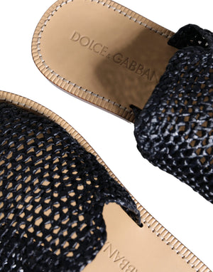 Schwarz Monochrome geflochtene Raffia Slides Schuhe