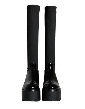 Schwarze Leder Jersey Kniehohe Stiefel Schuhe