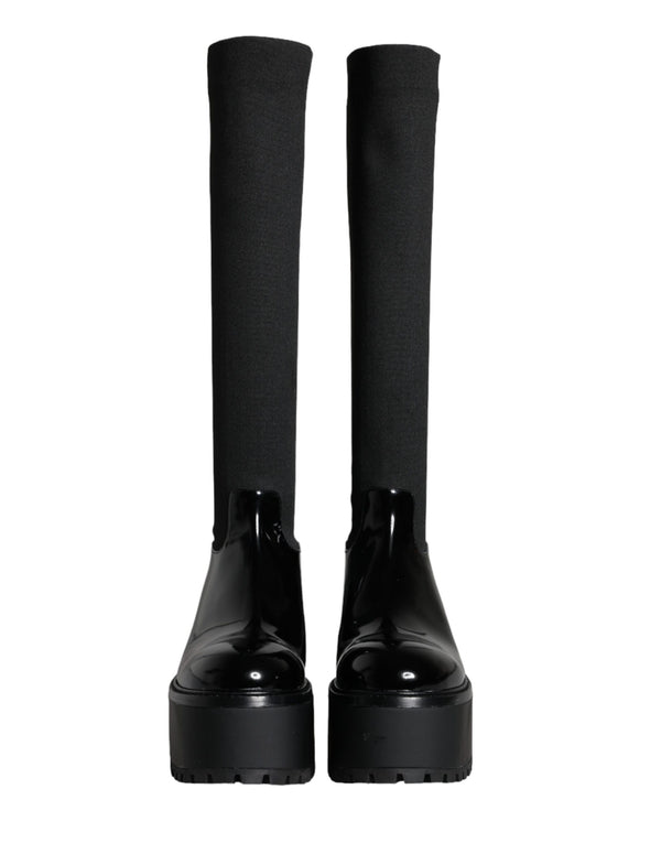 Schwarze Leder Jersey Kniehohe Stiefel Schuhe