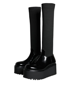 Schwarze Leder Jersey Kniehohe Stiefel Schuhe