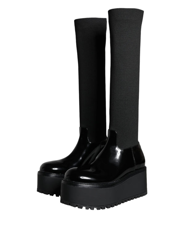 Schwarze Leder Jersey Kniehohe Stiefel Schuhe