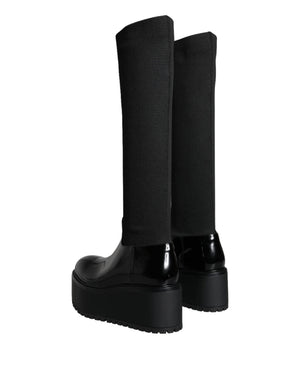 Schwarze Leder Jersey Kniehohe Stiefel Schuhe
