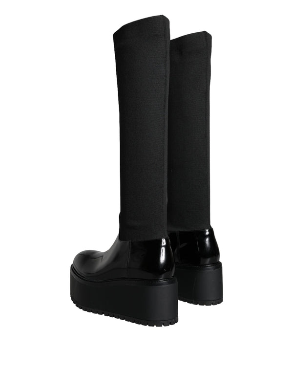 Schwarze Leder Jersey Kniehohe Stiefel Schuhe