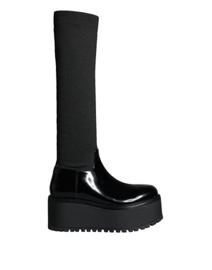 Schwarze Leder Jersey Kniehohe Stiefel Schuhe