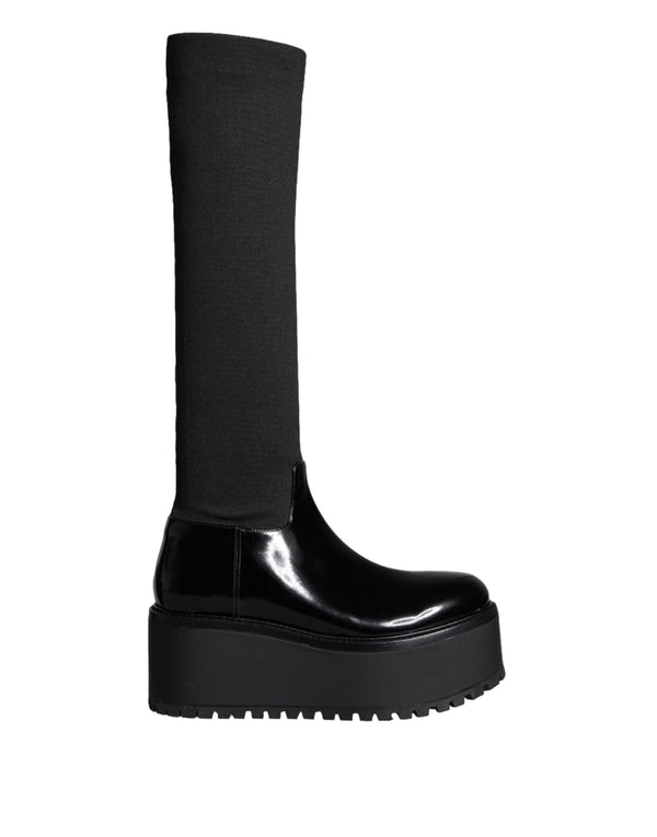 Schwarze Leder Jersey Kniehohe Stiefel Schuhe
