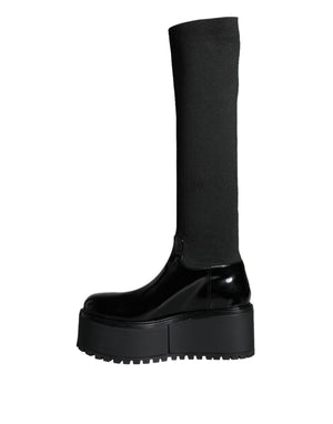 Schwarze Leder Jersey Kniehohe Stiefel Schuhe