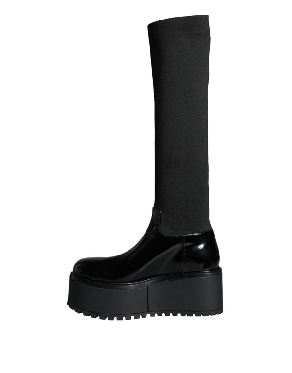 Schwarze Leder Jersey Kniehohe Stiefel Schuhe