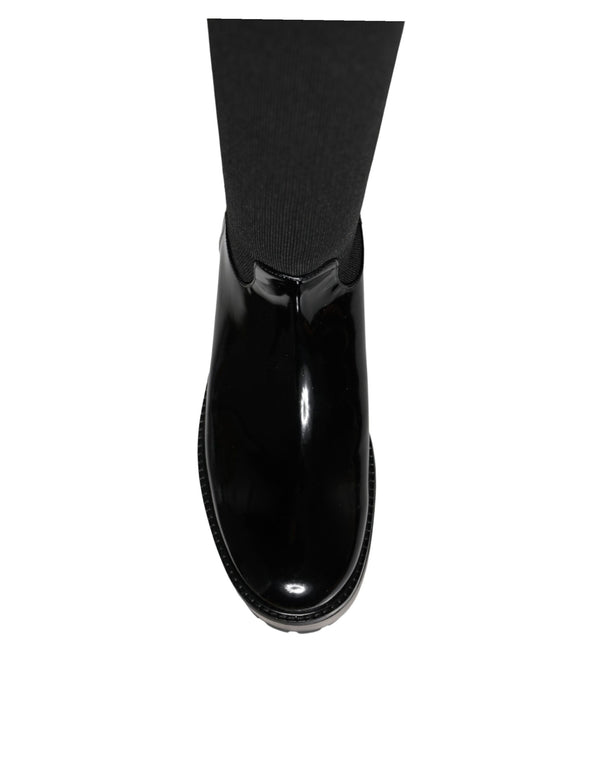 Schwarze Leder Jersey Kniehohe Stiefel Schuhe