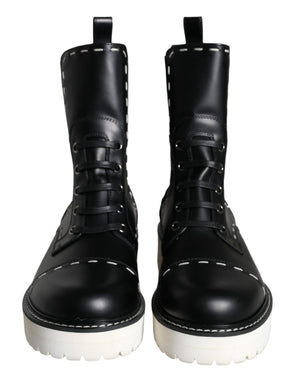 Schwarze Leder Combat Mid Calf Stiefel Schuhe