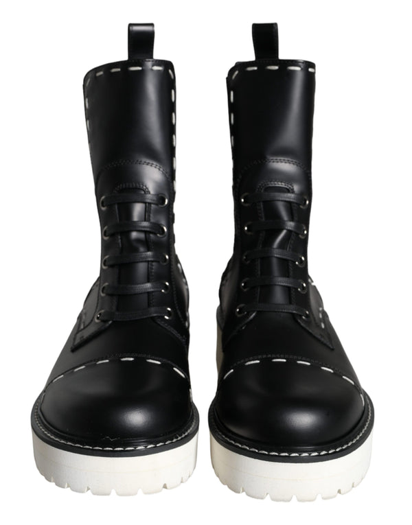 Schwarze Leder Combat Mid Calf Stiefel Schuhe