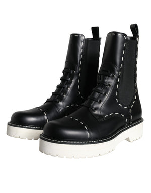 Schwarze Leder Combat Mid Calf Stiefel Schuhe