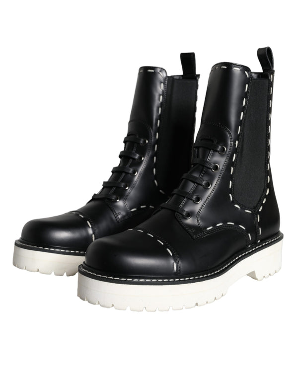 Schwarze Leder Combat Mid Calf Stiefel Schuhe