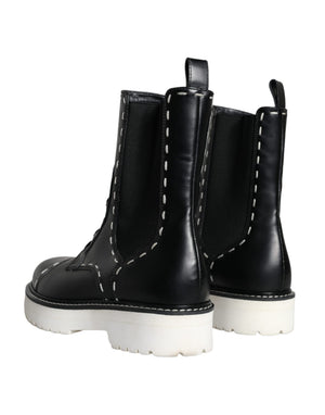 Schwarze Leder Combat Mid Calf Stiefel Schuhe
