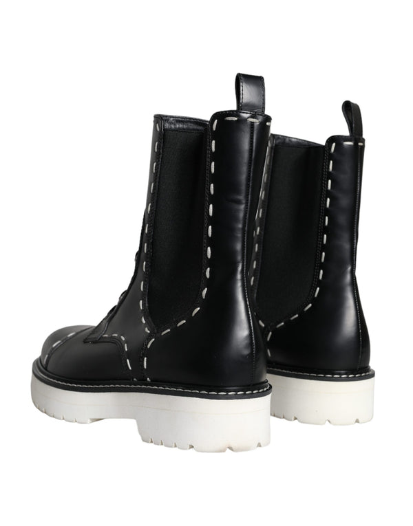 Schwarze Leder Combat Mid Calf Stiefel Schuhe