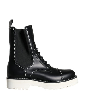 Schwarze Leder Combat Mid Calf Stiefel Schuhe