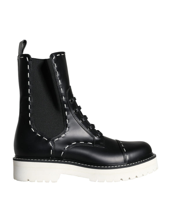 Schwarze Leder Combat Mid Calf Stiefel Schuhe