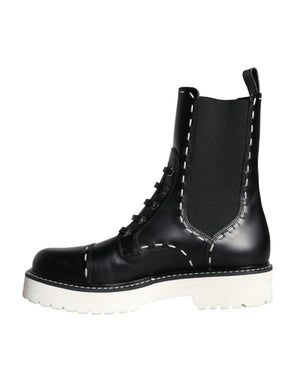 Schwarze Leder Combat Mid Calf Stiefel Schuhe
