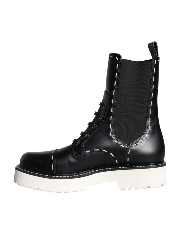 Schwarze Leder Combat Mid Calf Stiefel Schuhe