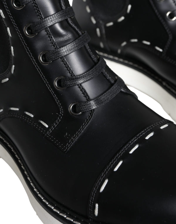 Schwarze Leder Combat Mid Calf Stiefel Schuhe