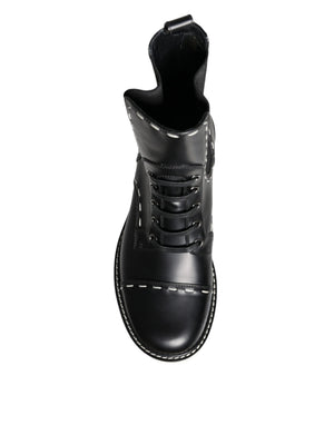Schwarze Leder Combat Mid Calf Stiefel Schuhe