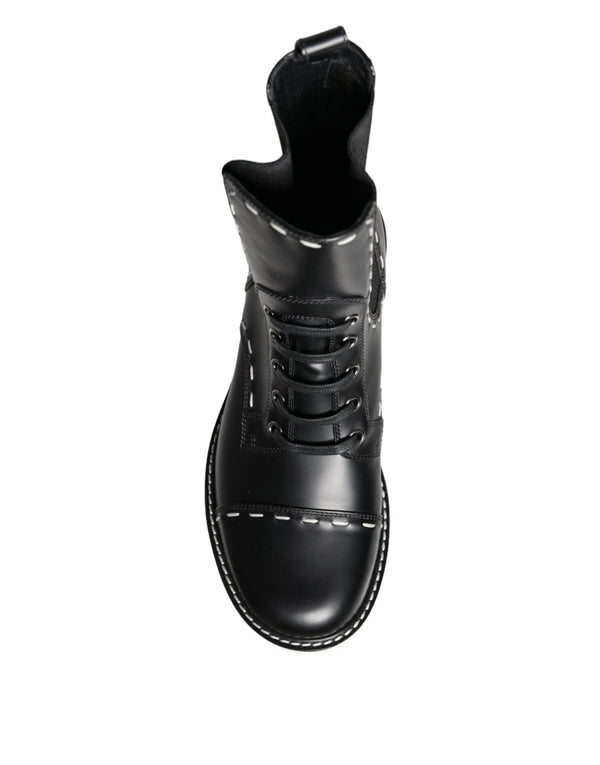 Schwarze Leder Combat Mid Calf Stiefel Schuhe
