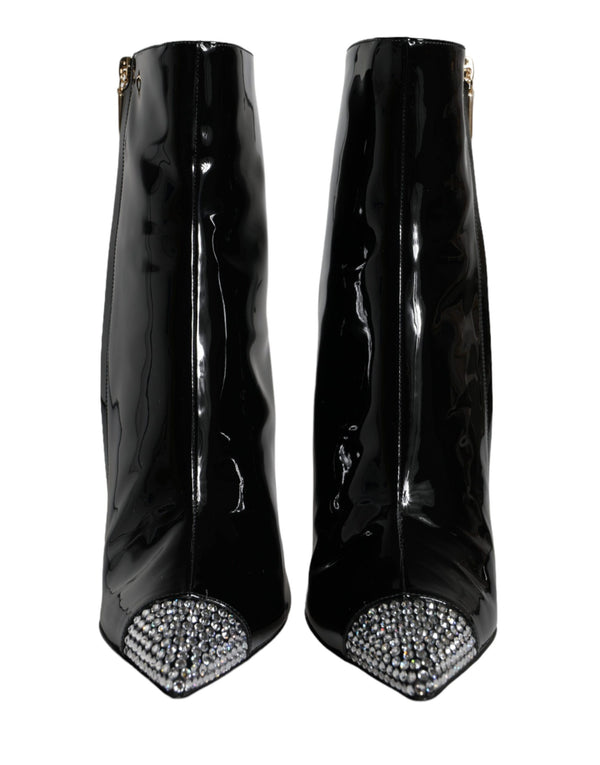 Schwarz Lackleder Kristall Absatz Stiefel Schuhe