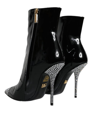 Schwarz Lackleder Kristall Absatz Stiefel Schuhe