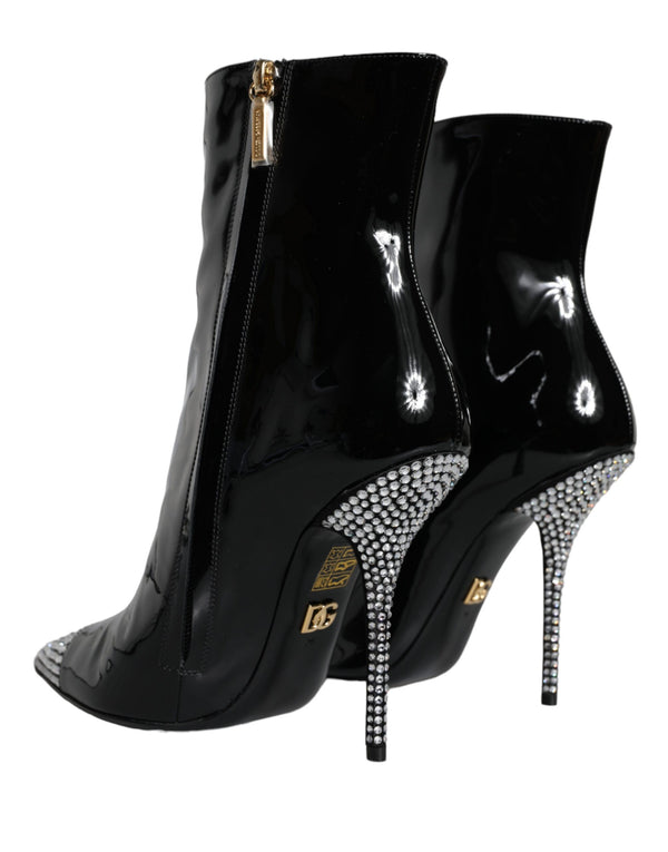 Schwarz Lackleder Kristall Absatz Stiefel Schuhe