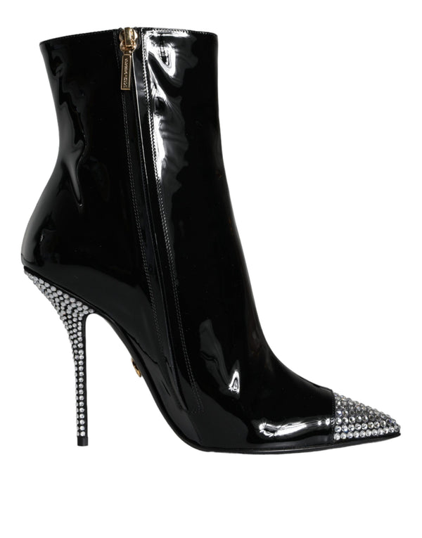 Schwarz Lackleder Kristall Absatz Stiefel Schuhe