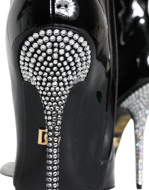 Schwarz Lackleder Kristall Absatz Stiefel Schuhe