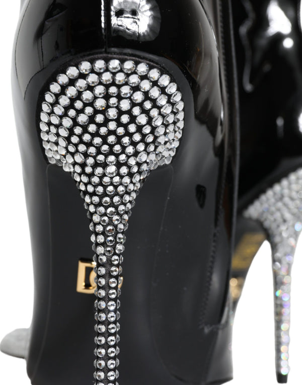 Schwarz Lackleder Kristall Absatz Stiefel Schuhe