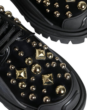 Schwarze Leder Trekking Derby verschönerte Schuhe