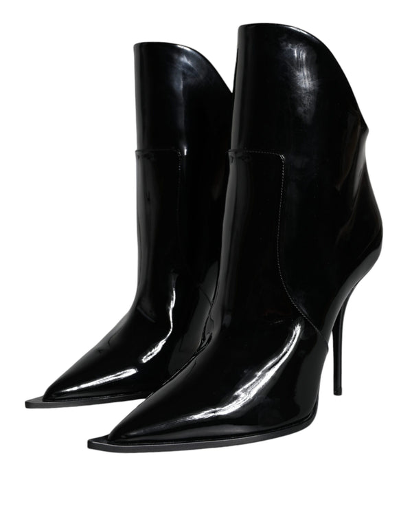 Schwarze Lackleder Spitzenstiefel Schuhe