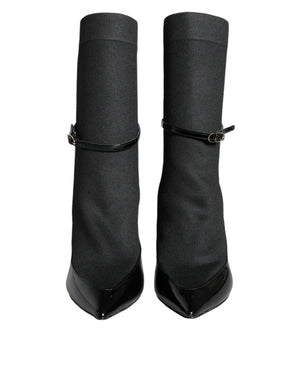Schwarz Leder Stilettos Booties Socken Schuhe