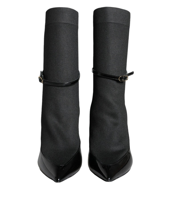 Schwarz Leder Stilettos Booties Socken Schuhe
