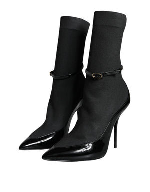 Schwarz Leder Stilettos Booties Socken Schuhe
