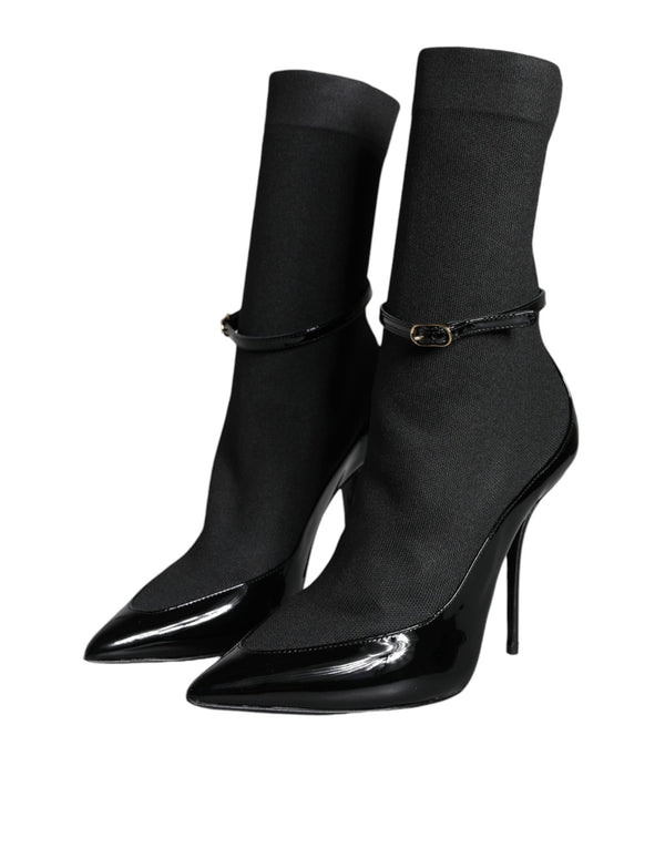 Schwarz Leder Stilettos Booties Socken Schuhe