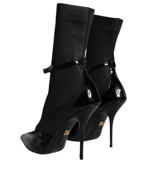 Schwarz Leder Stilettos Booties Socken Schuhe
