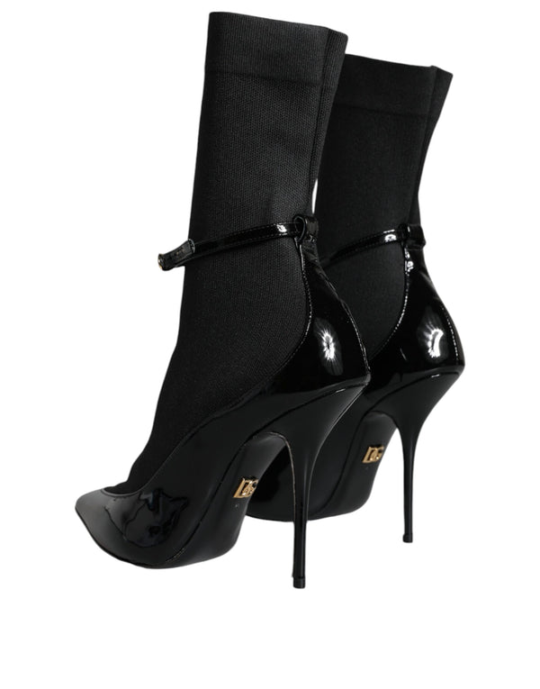 Schwarz Leder Stilettos Booties Socken Schuhe