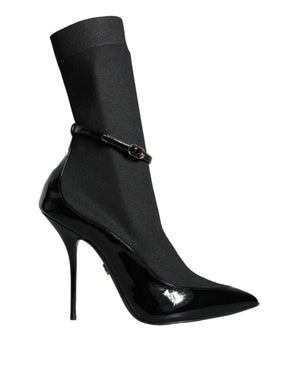 Schwarz Leder Stilettos Booties Socken Schuhe