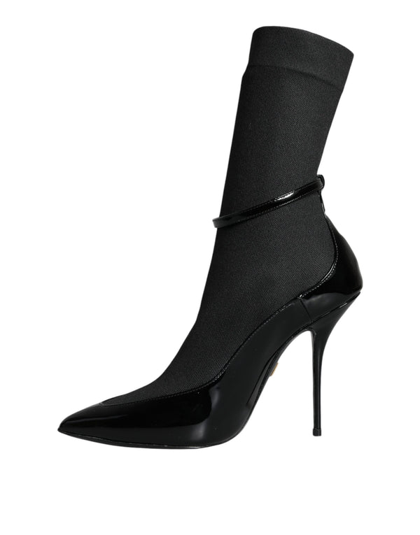 Schwarz Leder Stilettos Booties Socken Schuhe