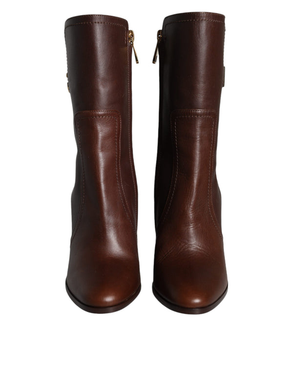 Braun Leder Absätze Mid Calf Stiefel Schuhe