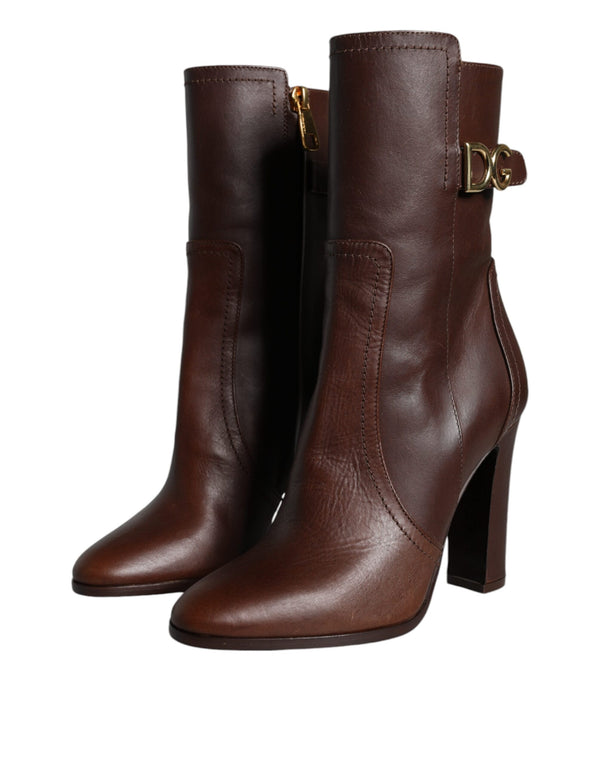 Braun Leder Absätze Mid Calf Stiefel Schuhe
