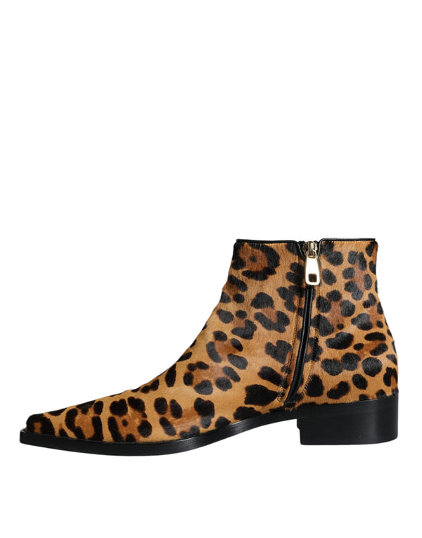 Braun Leopard Kalb Pelz Ankle Stiefel Schuhe