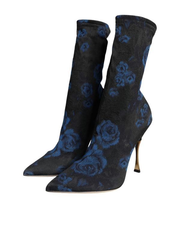 Schwarz Floral Stretch Mid Calf Stiefel Schuhe