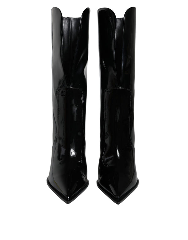Schwarze Lackleder Mid Calf Stiefel Schuhe