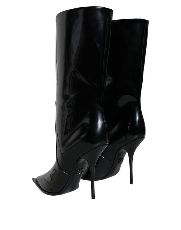Schwarze Lackleder Mid Calf Stiefel Schuhe